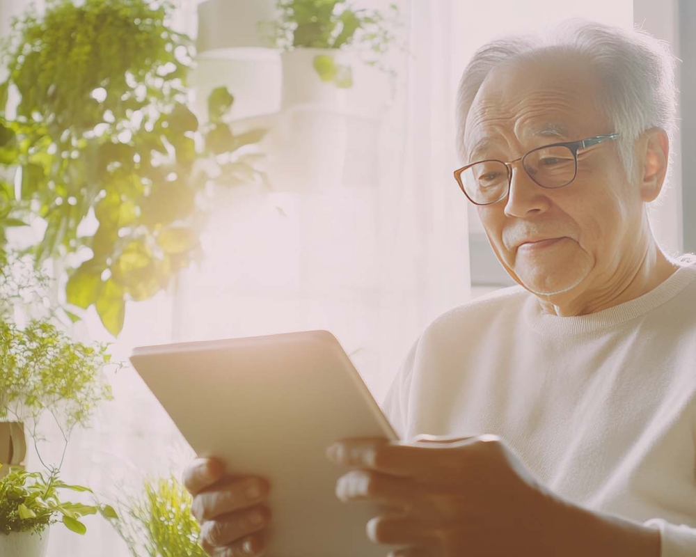 Older adult with a focused expression learning a telehealth app in a warm home.